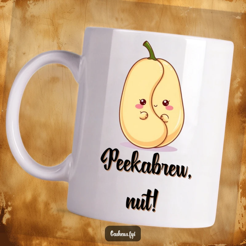 Funny kawaii cashew mug with a playful character peeking out from behind a giant cashew, showcasing cuteness and humor.