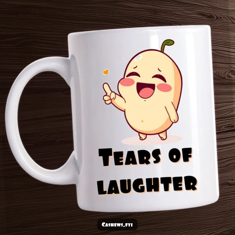 Funny Kawaii cashew laughing so hard its eyes water, pointing off-screen, on a mug for ultimate comedic effect.