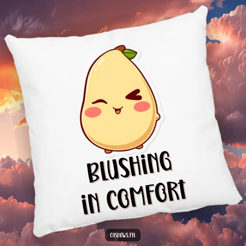 Funny pillow with a kawaii cashew character giving a mischievous wink and blush, offering soft comfort and playful humor.