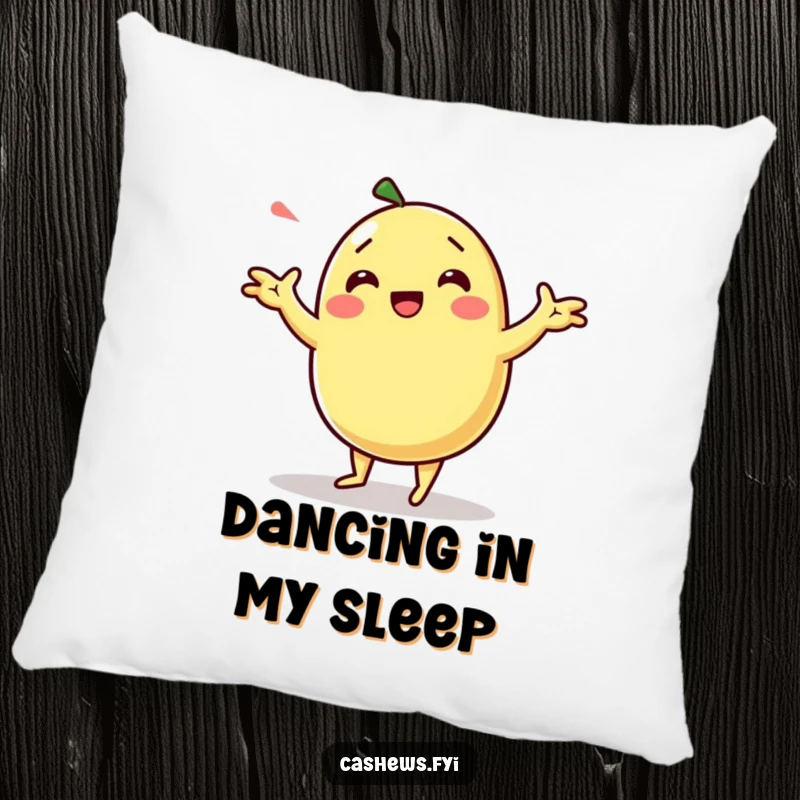 Funny kawaii cashew doing a silly dance with exaggerated arm movements on a pillow.