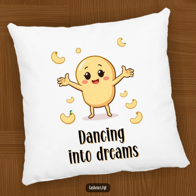 Funny cashew pillow featuring a character dancing playfully with outstretched arms among cashew shapes, offering comfort and nutty comedic rhythm.
