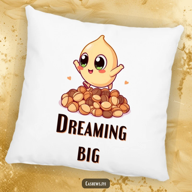 Funny pillow featuring a kawaii cashew with huge eyes, leaping over nuts, offering soft comfort and a dose of delightful, humorous charm.