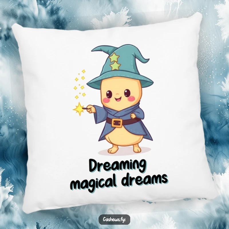 Funny and soft pillow featuring a Kawaii cashew wizard casting sparkling dust from a wand, perfect for magical and humorous comfort.
