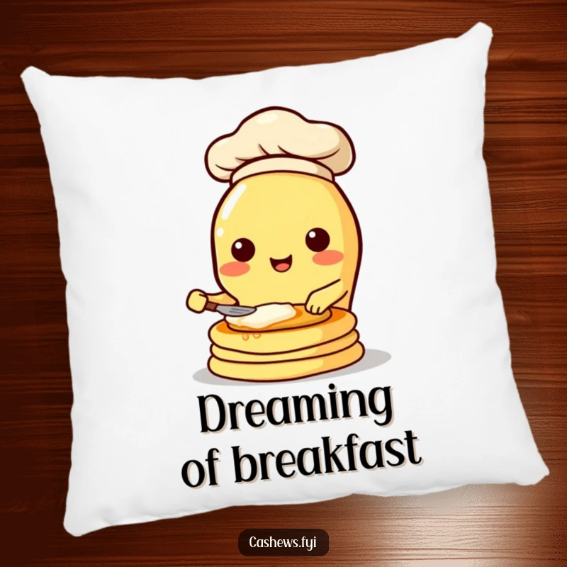Funny decorative pillow with a happy kawaii cashew chef energetically flipping pancakes, adding whimsical culinary humor to any room.