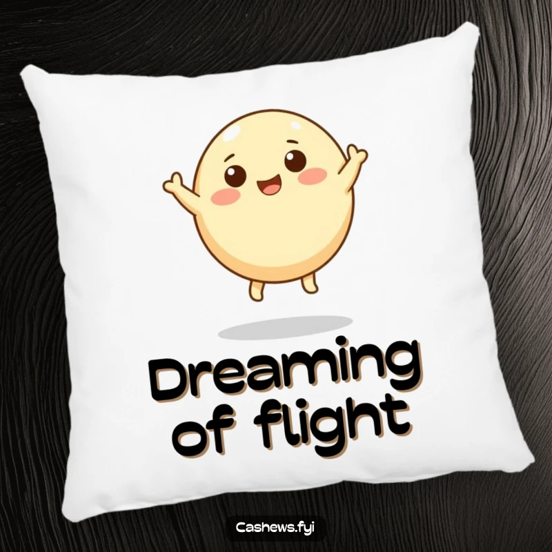 Funny pillow showcasing a round cashew character with tiny legs leaping joyfully skyward, a soft, humorous decor item.