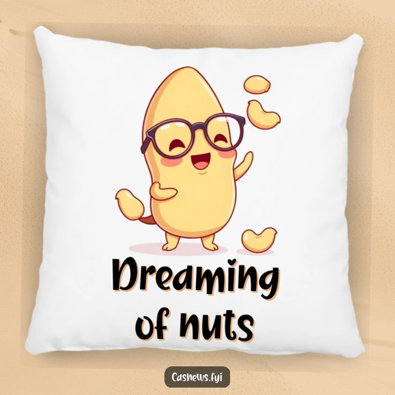 Funny kawaii cashew pillow featuring a soft, cute nut with spectacles, playfully juggling miniature cashews, perfect for cozy humor.