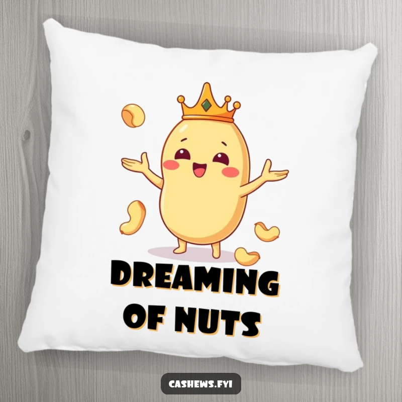 Funny and soft pillow featuring a Kawaii cashew king in a crown, juggling nuts, bringing regal humor to any room.