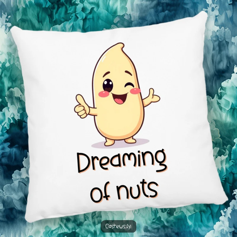 Funny pillow with a kawaii cashew character giving a big grin and thumbs-up, offering soft comfort and cute humor.