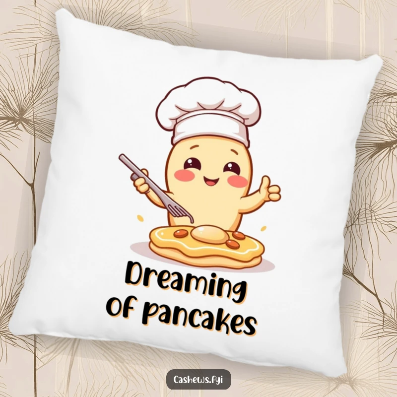 Funny pillow featuring a kawaii cashew chef dramatically flipping a pancake, offering soft comfort and a dose of hilarious culinary charm.