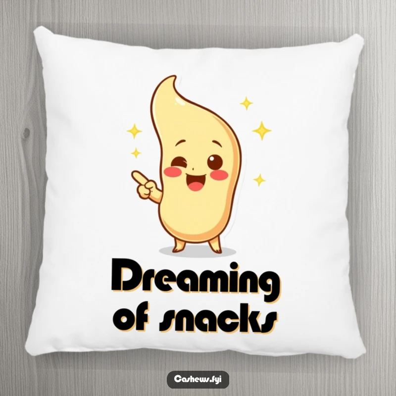Funny pillow featuring a soft cashew character excitedly pointing at a sparkling, imaginary cashew, providing comfort and whimsical charm.