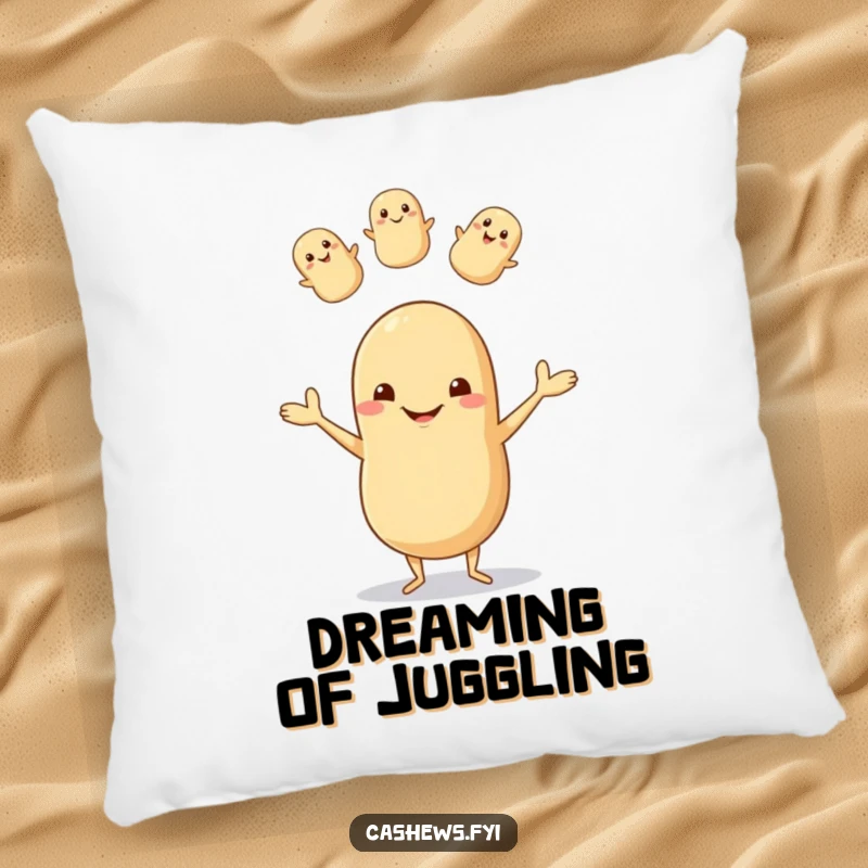 Funny decorative pillow with a smiling cashew, tiny legs, juggling nuts, and a goofy grin, offering comfort and amusement.