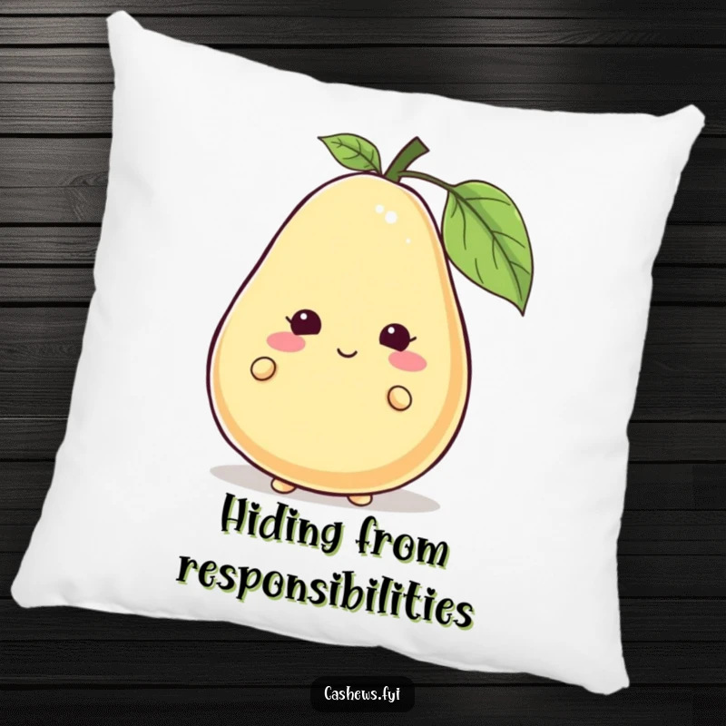 Funny cashew character peeking from behind a giant, smiling cashew on a pillow, adding comfort and fun, funny gift.