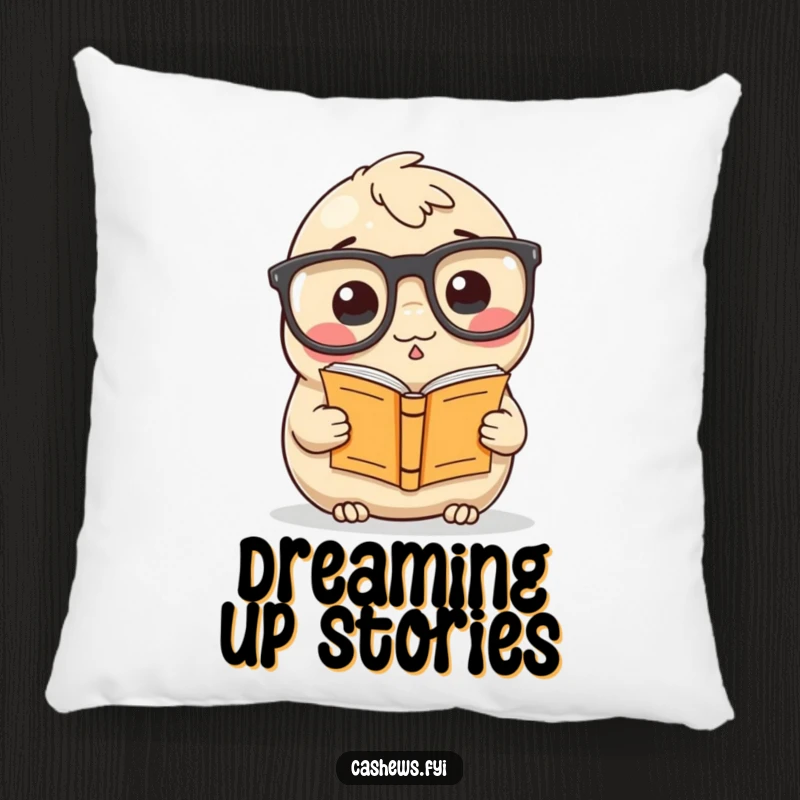 Funny Pillow: A cashew wearing huge glasses reads a tiny book, offering comfort and a humorous, studious vibe.