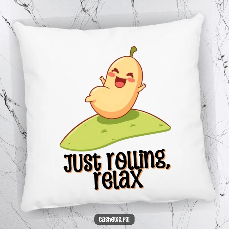 Funny Pillow: A happy cashew rolls downhill with pure joy, a soft and amusing accent pillow for ultimate comfort and humor.