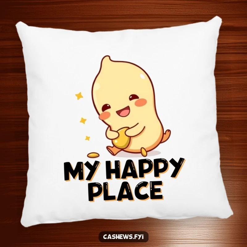 Funny pillow featuring a plush cashew character tripping, holding a broken cashew, and laughing, offering comfort and comedic charm.