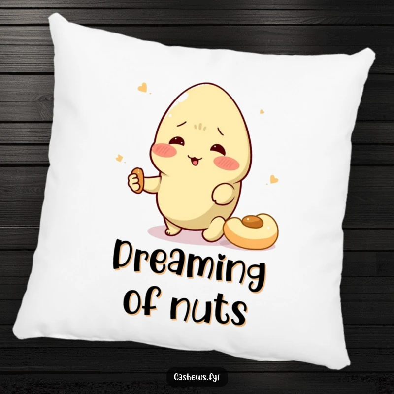 Funny cashew pillow featuring a character dramatically swooning over a snack, offering comfort and a dose of nutty comedy.