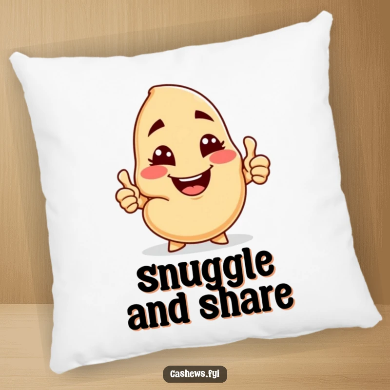 Funny pillow featuring a cashew character with a cheeky grin, winking and offering a cashew nut, perfect for cozy companionship.