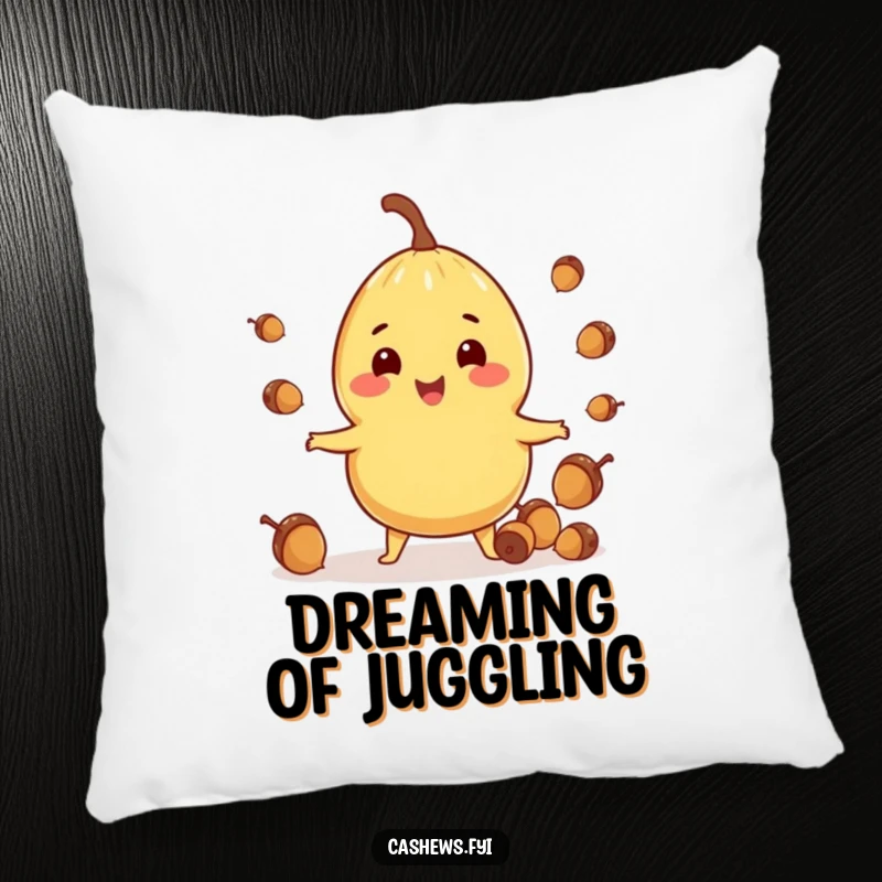 Funny pillow featuring a happy cashew character skillfully juggling acorns, perfect for adding a touch of humor to relaxation.