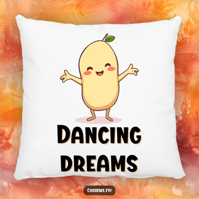 Funny pillow featuring a kawaii cashew doing a silly dance with arms outstretched, beaming, offering soft comfort and a dose of pure joy.