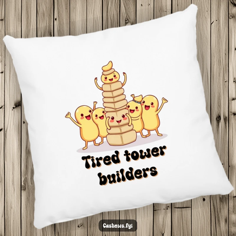 Funny kawaii cashew pillow featuring soft, cute nuts proudly posing with their small tower, offering comfort and humorous inspiration.