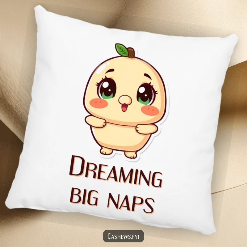 Funny kawaii cashew with wide, twinkling eyes looking up excitedly on a pillow.