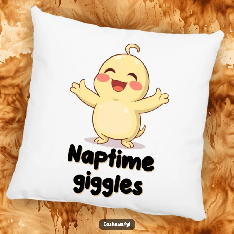 Funny pillow featuring a cashew with arms wide open, laughing heartily and joyfully with an expression of pure amusement.