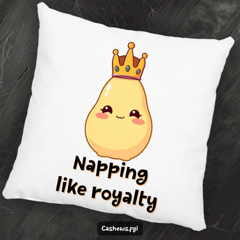 Funny pillow featuring a cashew wearing a tiny crown, looking comically regal and slightly off-balance.