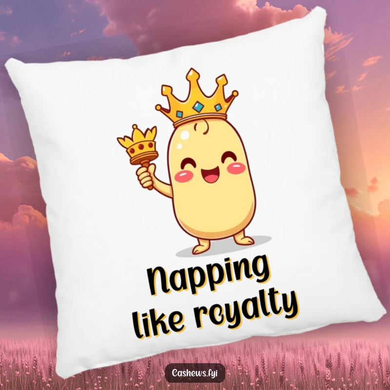 Funny decorative pillow featuring a triumphant kawaii cashew character holding a miniature crown, adding a touch of regal humor.