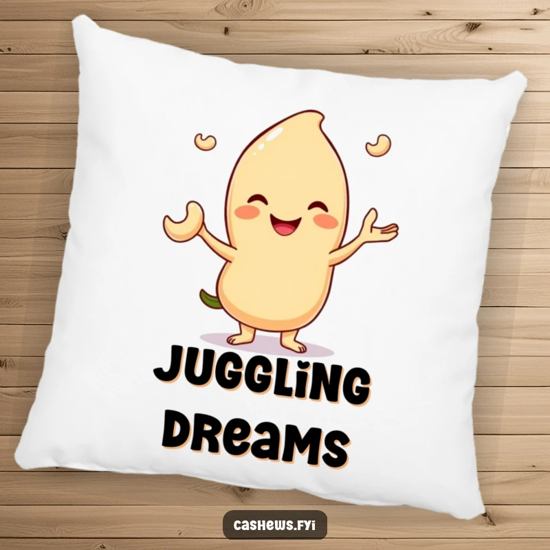 Funny pillow showcasing a smiling cashew character expertly juggling three tiny cashew nuts, a soft, humorous decor item.