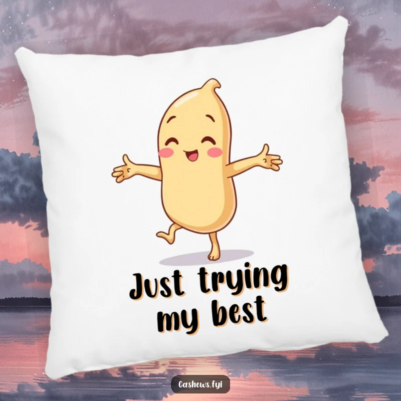 Funny pillow featuring a cashew attempting to balance on one leg with its arms out, looking utterly ridiculous and comical.