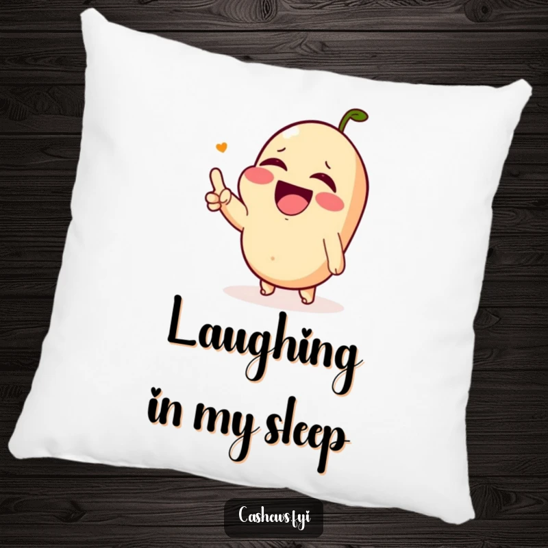 Funny and soft pillow featuring a Kawaii cashew laughing uncontrollably with watering eyes, perfect for adding comedic comfort.
