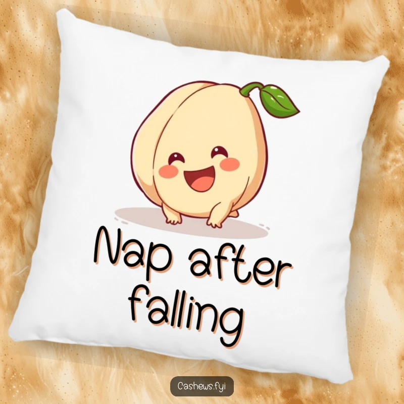Funny Pillow: A cashew trips but smiles broadly, a soft and cozy pillow inspiring resilience and good humor.