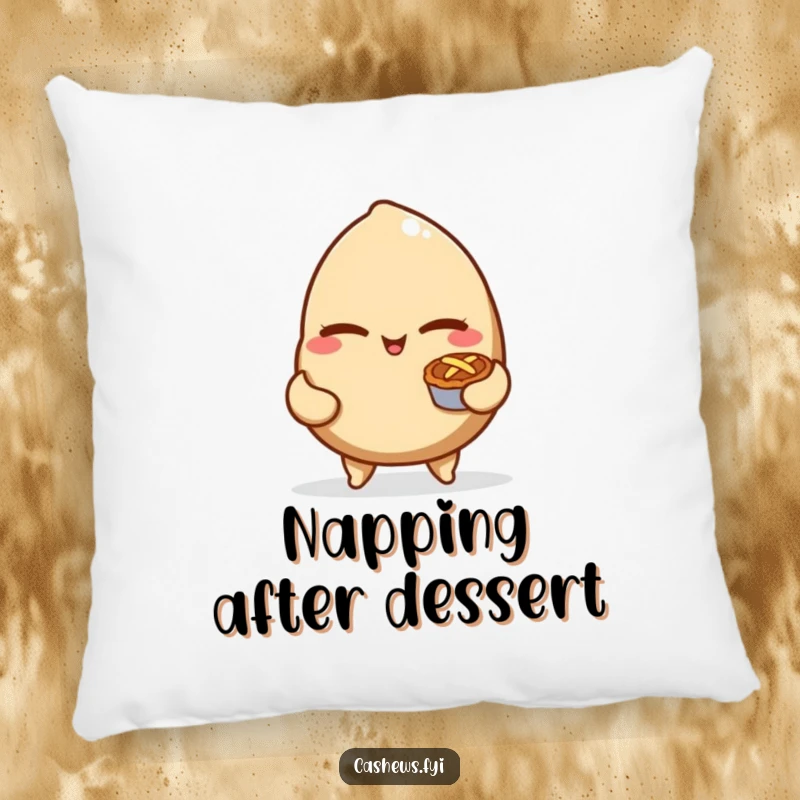 Funny plush pillow with a mischievous cashew nut winking and holding a tiny pie, offering soft and humorous comfort.