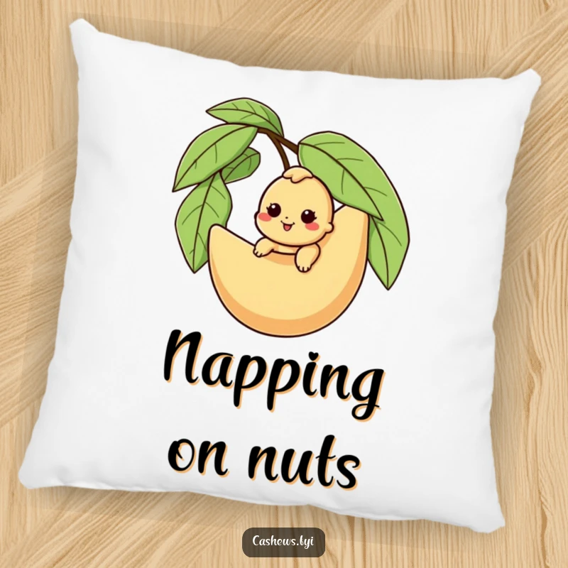 Funny cashew pillow featuring a character happily riding a giant husk, offering comfort and a dose of nutty adventure comedy.