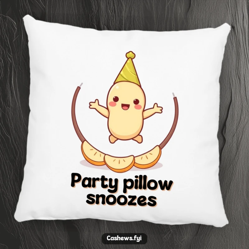 Funny cashew party pillow featuring a soft, cheerful cashew character with a party hat, joyfully jumping through a hoop of cashew halves.