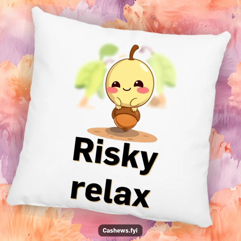 Funny cashew pillow featuring a mischievous cashew balancing on an acorn, offering humorous comfort.