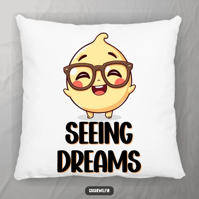 Funny Kawaii Cashew Pillow: A soft cushion featuring a cashew character with comically large glasses, captured mid-giggle, making it a funny decor piece.