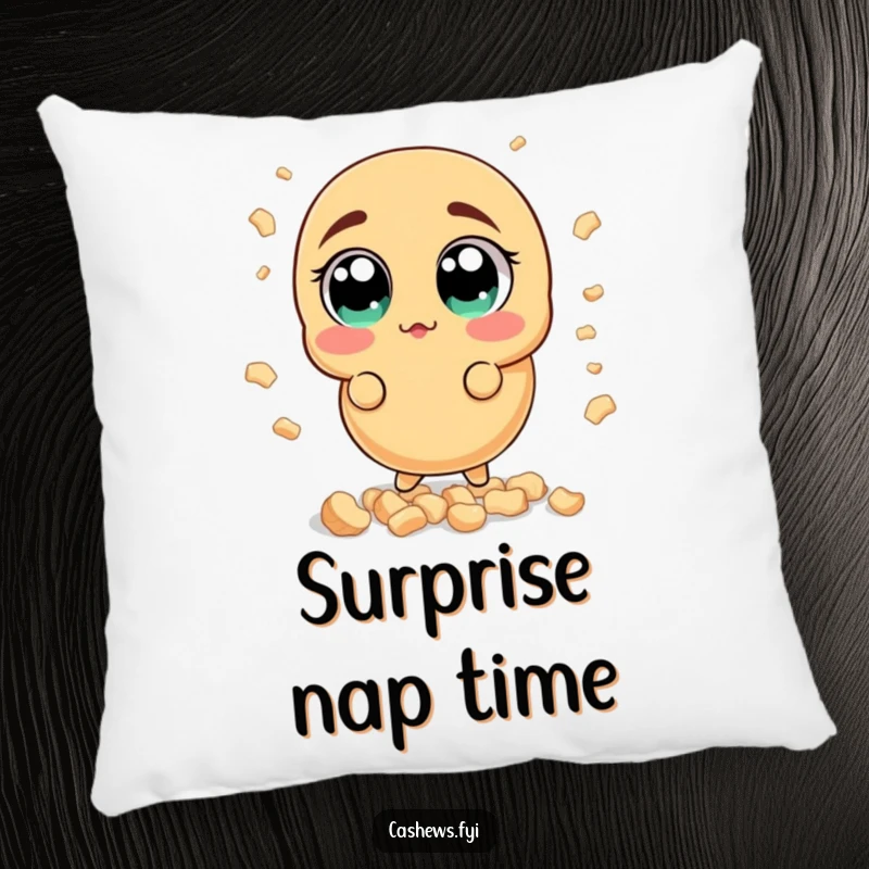 Funny surprised cashew pillow featuring a soft, cute nut with wide, shocked eyes reacting to a shower of cashew bits, perfect for cozy humor.