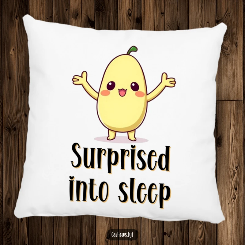 Funny pillow featuring a kawaii cashew character with arms raised in delighted surprise, offering a soft and adorably charming decorative touch.