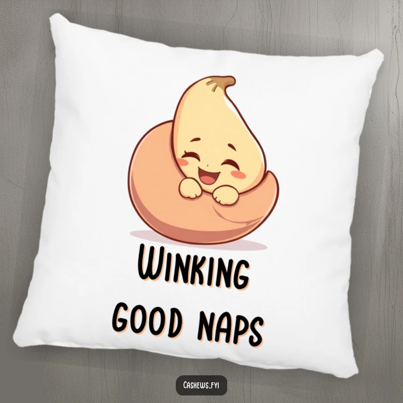 Funny decorative pillow featuring a laughing cashew winking from behind a giant cashew nut, providing soft comfort and playful charm.