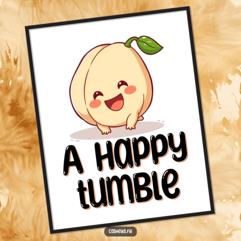 Funny Digital Art Print: A cashew trips but smiles broadly, a humorous and resilient piece of art for wall decor.