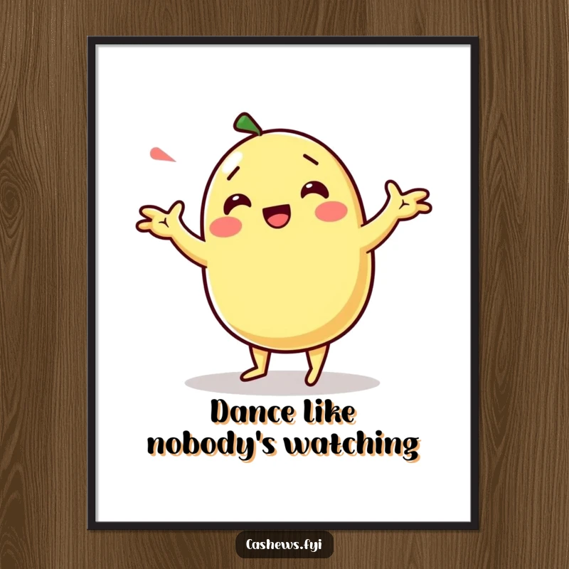 Funny kawaii cashew character doing a silly dance with exaggerated arm movements on digital art.