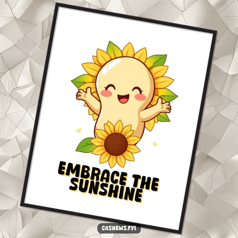 Funny digital art print of a cashew nut embracing a cheerful sunflower, symbolizing warmth, friendship, and nature.
