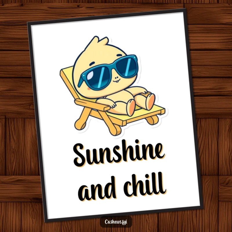 Funny cashew character in sunglasses lounging on a beach chair as digital art, high-quality humor, perfect funny gift.
