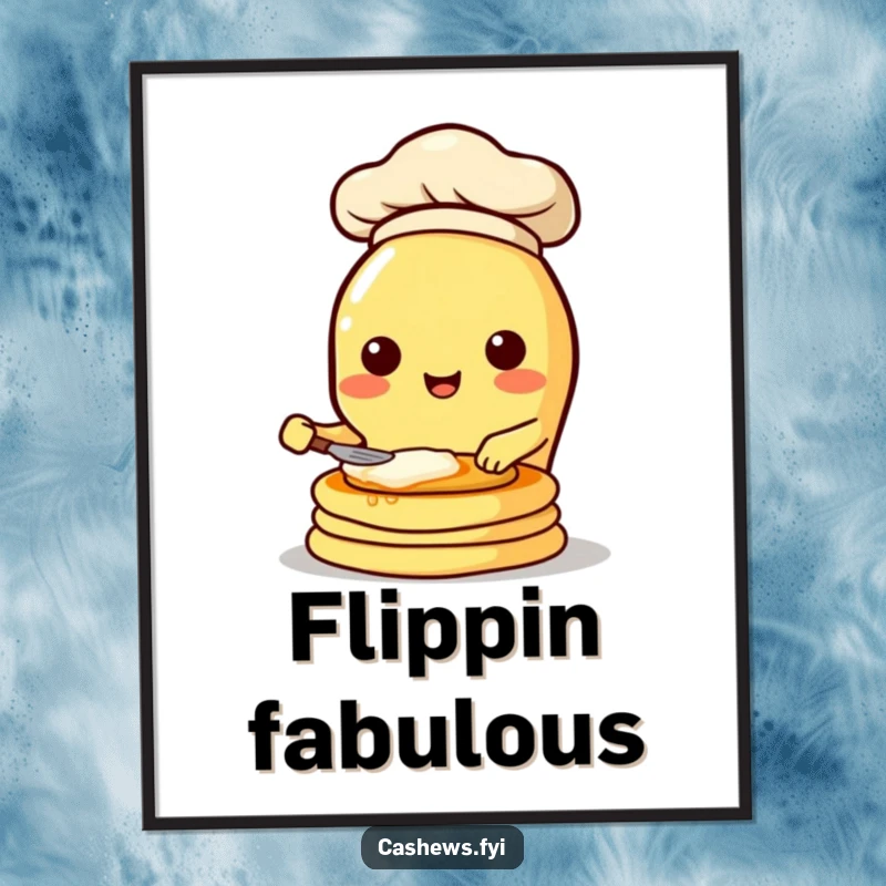 Funny digital art print of a kawaii cashew character chef happily flipping pancakes, radiating culinary joy and humor.