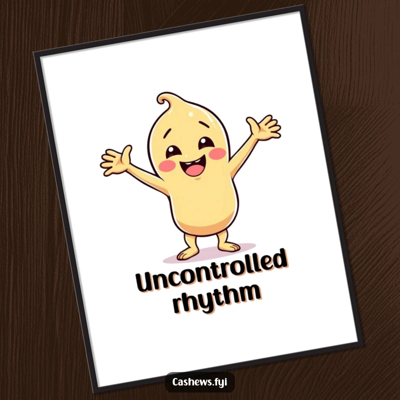 Funny cashew character in a silly dance pose with arms wide as digital art, high-energy humor, perfect funny gift.