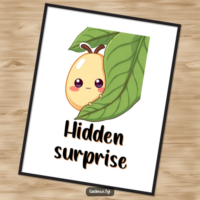 Funny Digital Art Print: A cashew with googly eyes peeks from behind a leaf, a humorous and playful piece for wall decor.