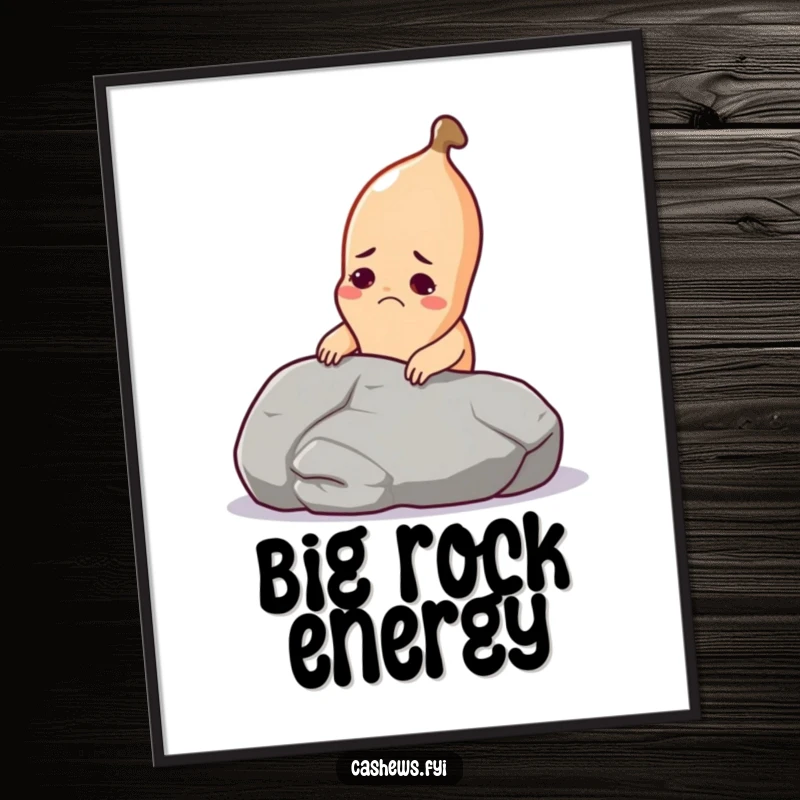 Funny cashew digital art of a cashew straining to lift a giant pebble, adding humorous wall decor.