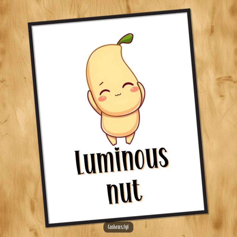 Funny digital art print of a winking cashew character proudly holding a bright, glowing cashew, delivering instant nutty humor.