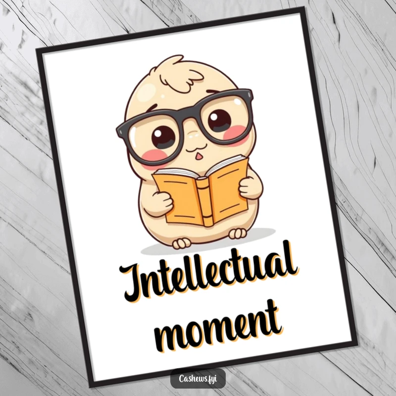 Funny Digital Art Print: A cashew wearing huge glasses reads a small book, a humorous and intellectual piece for wall decor.